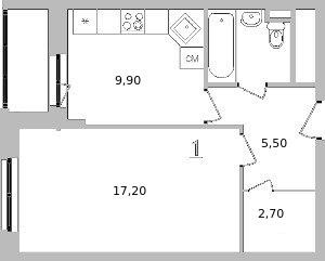 Однокомнатная квартира 40.51 м²