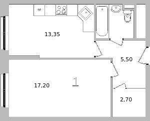 Однокомнатная квартира 43.4 м²